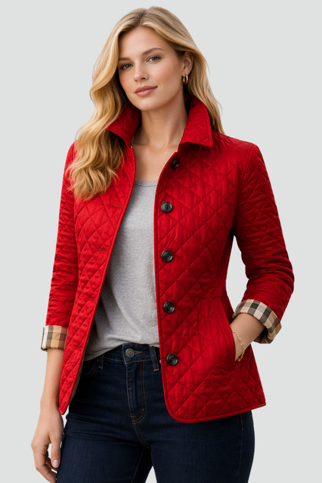 Fitted Diamond Quilted Jacket with Check Cuff Lining