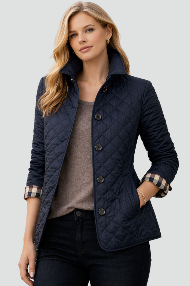 Fitted Diamond Quilted Jacket with Check Cuff Lining