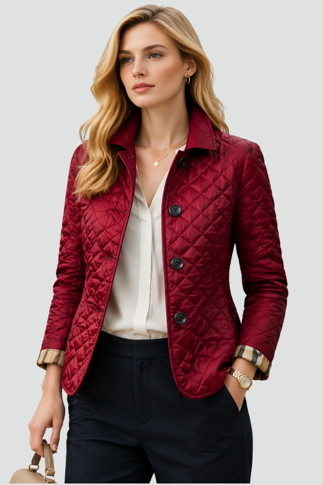 Fitted Diamond Quilted Jacket with Check Cuff Lining