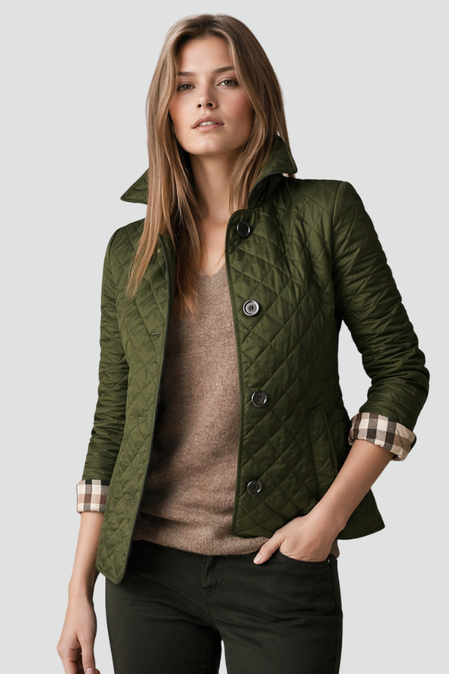 Fitted Diamond Quilted Jacket with Check Cuff Lining