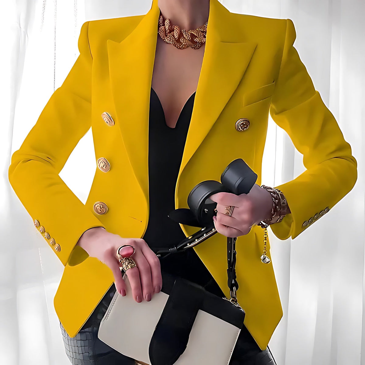 Fitted Double Breasted Blazer with Gold Buttons