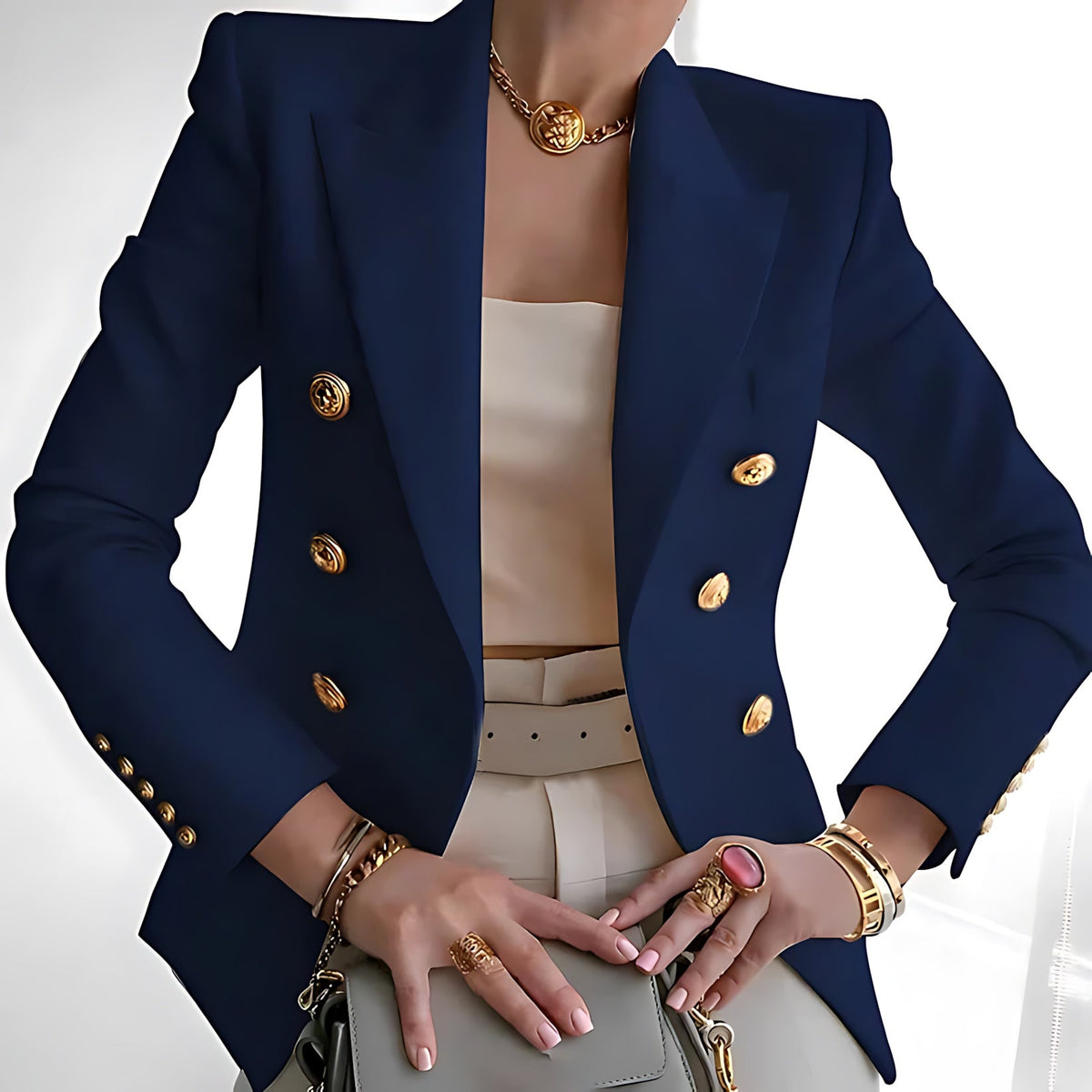 Fitted Double Breasted Blazer with Gold Buttons