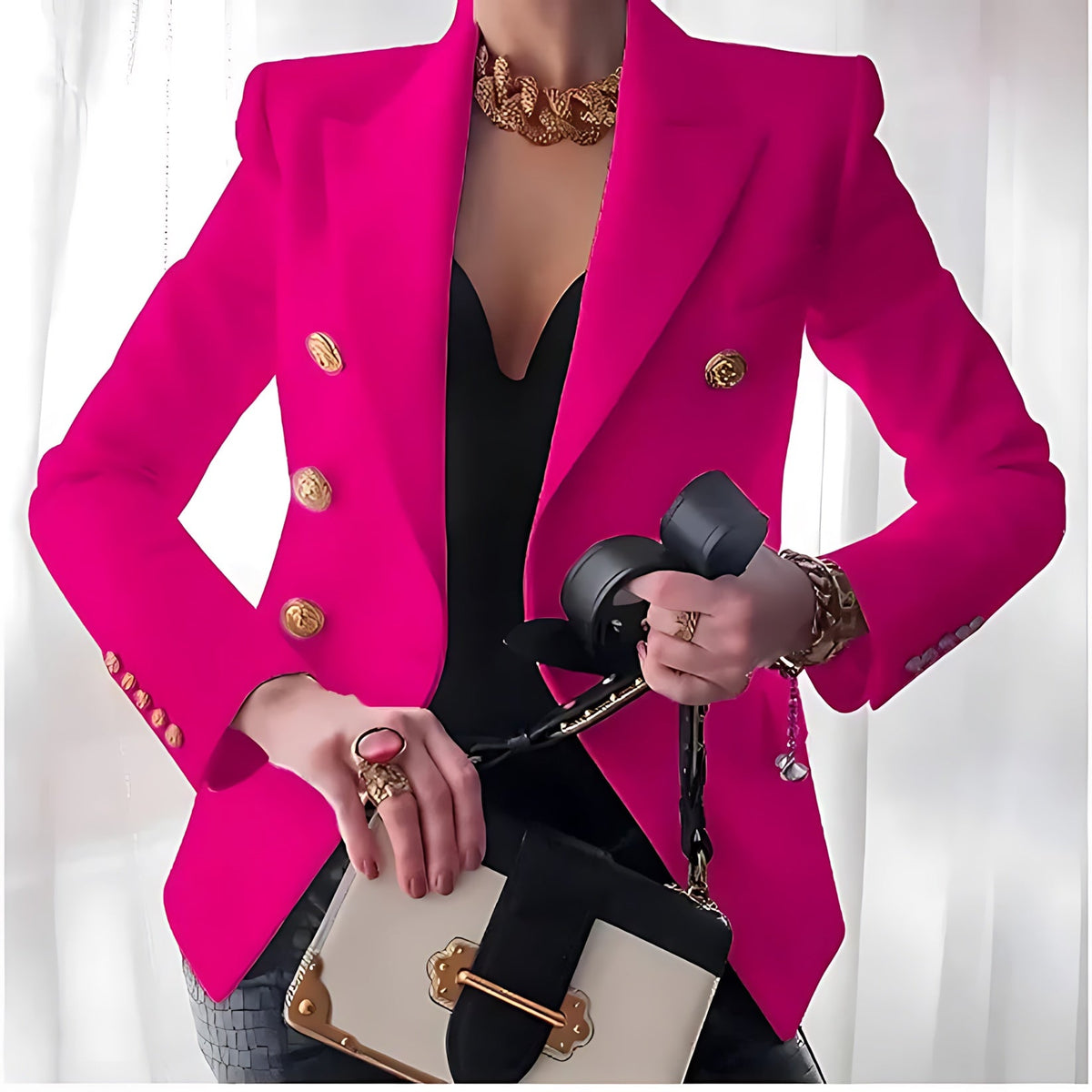 Fitted Double Breasted Blazer with Gold Buttons