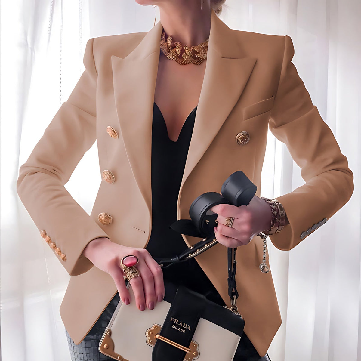 Fitted Double Breasted Blazer with Gold Buttons