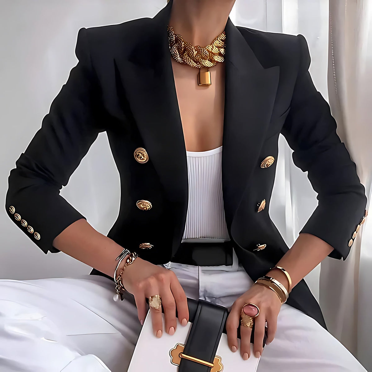 Fitted Double Breasted Blazer with Gold Buttons