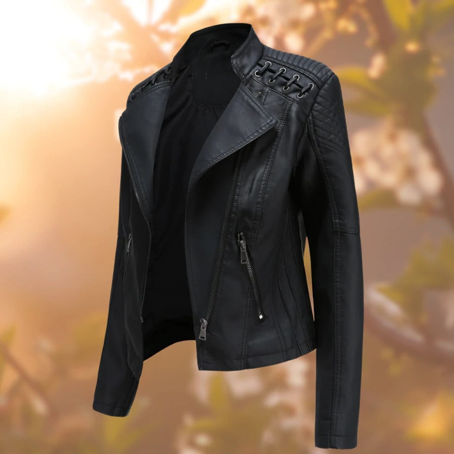 Fitted Faux Leather Biker Jacket with Lace-Up Shoulder Detail