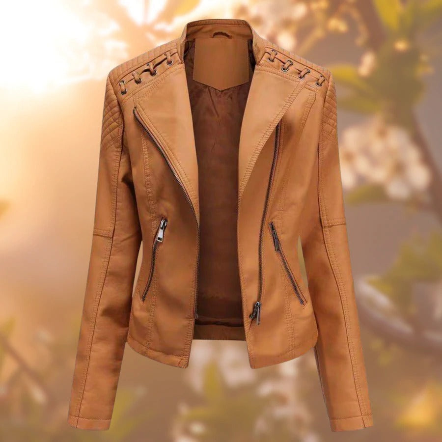 Fitted Faux Leather Biker Jacket with Lace-Up Shoulder Detail