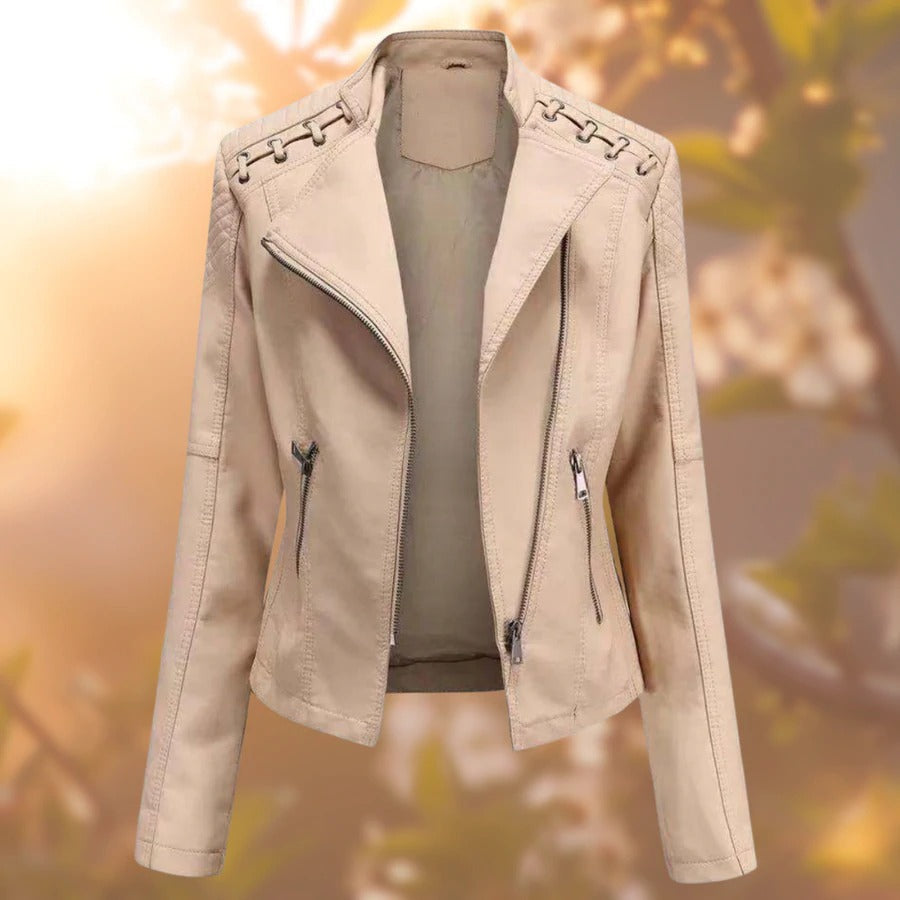 Fitted Faux Leather Biker Jacket with Lace-Up Shoulder Detail