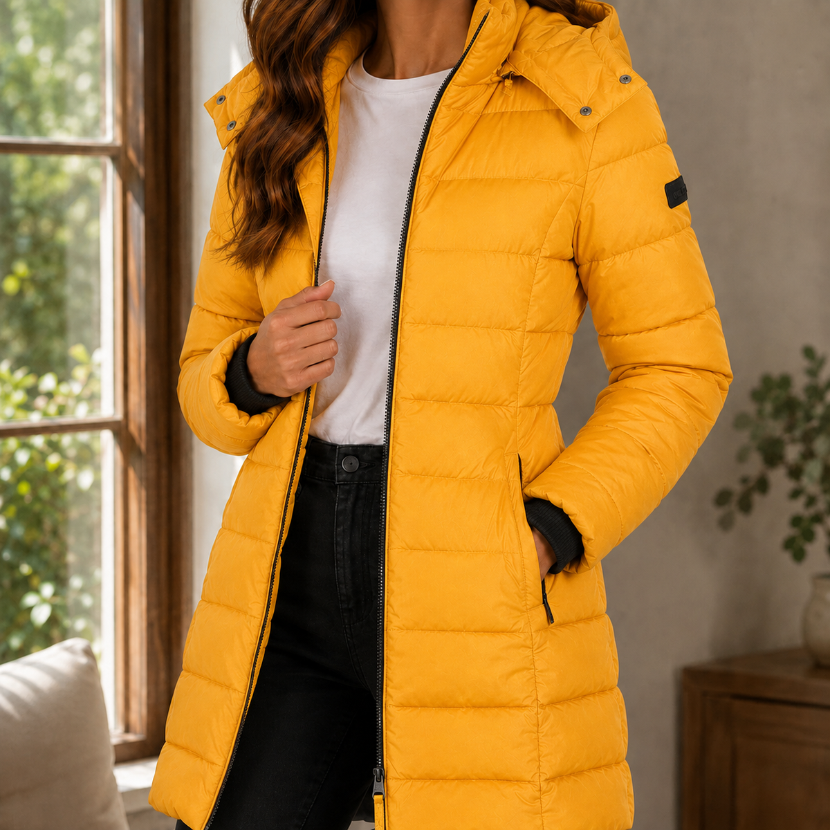Fitted Hooded Long Quilted Puffer Jacket with Ribbed Cuffs