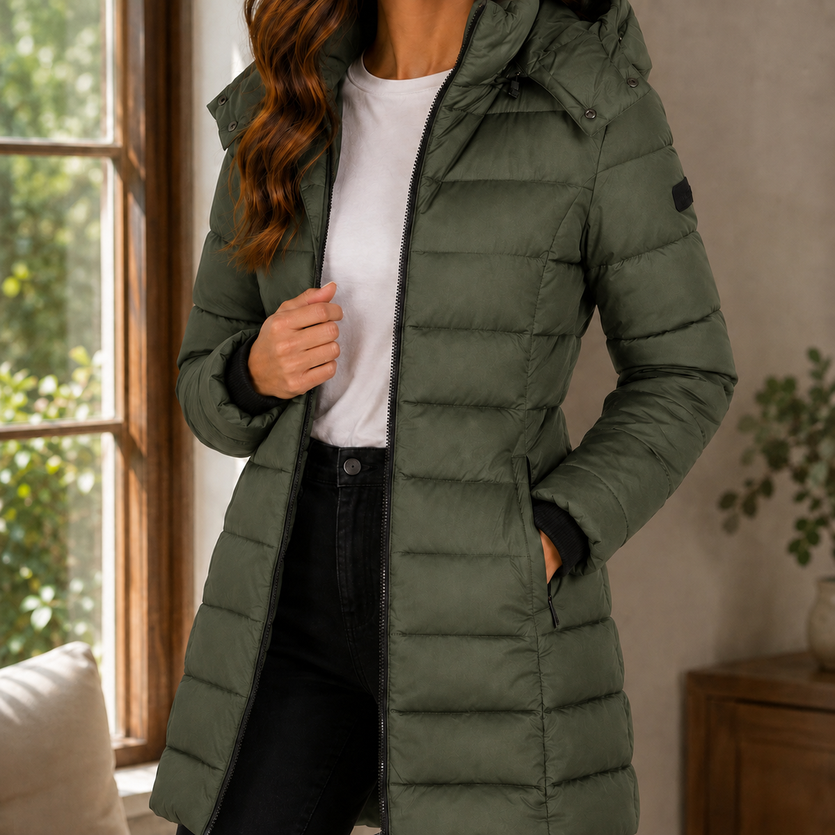 Fitted Hooded Long Quilted Puffer Jacket with Ribbed Cuffs
