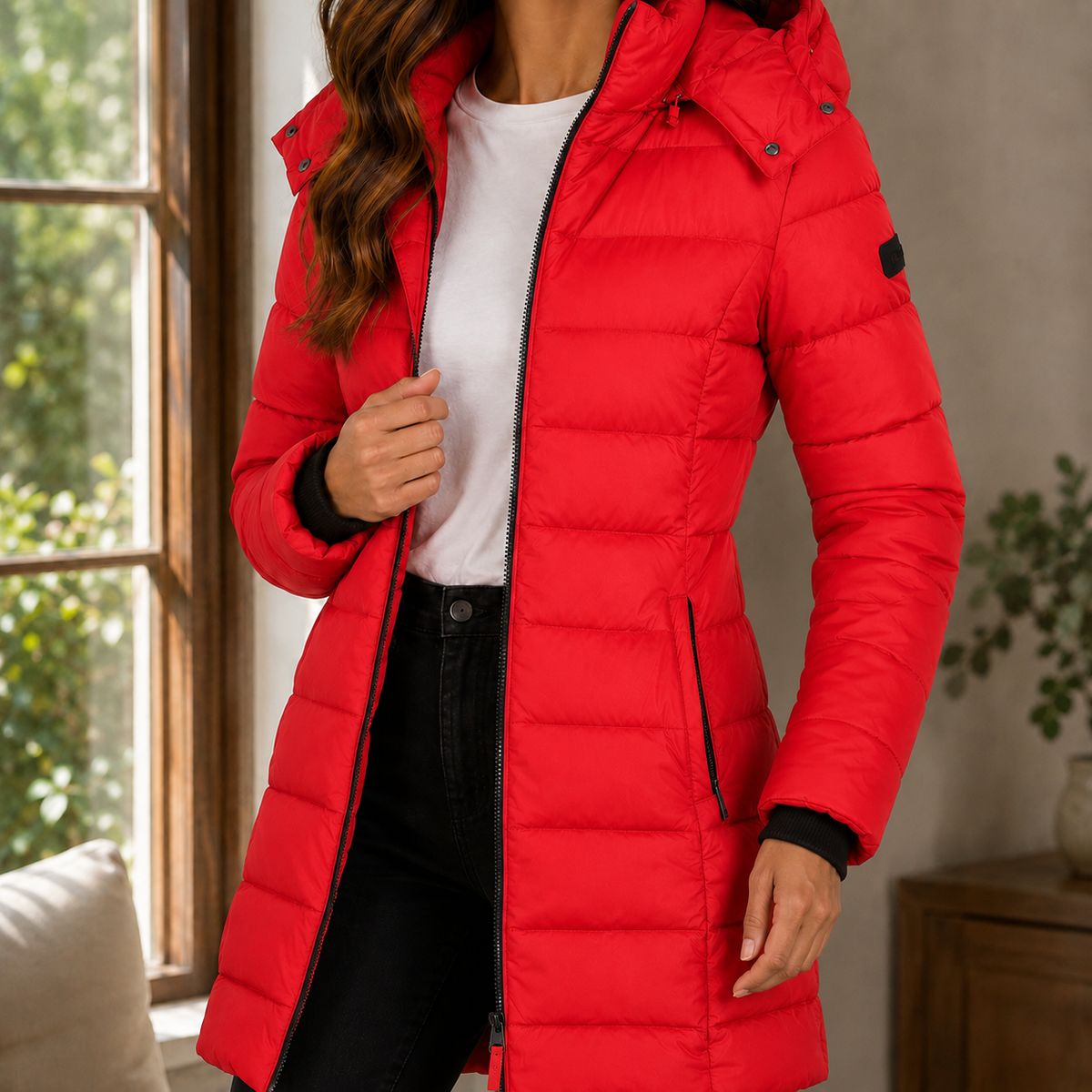Fitted Hooded Long Quilted Puffer Jacket with Ribbed Cuffs