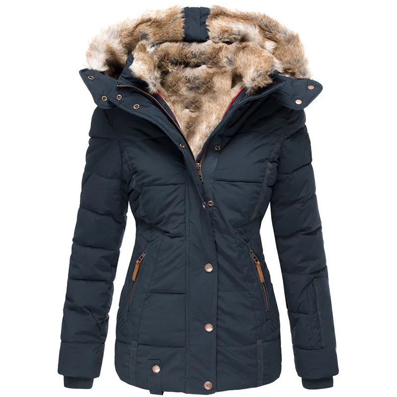 Fitted Hooded Puffer Jacket with Fur Collar Lining