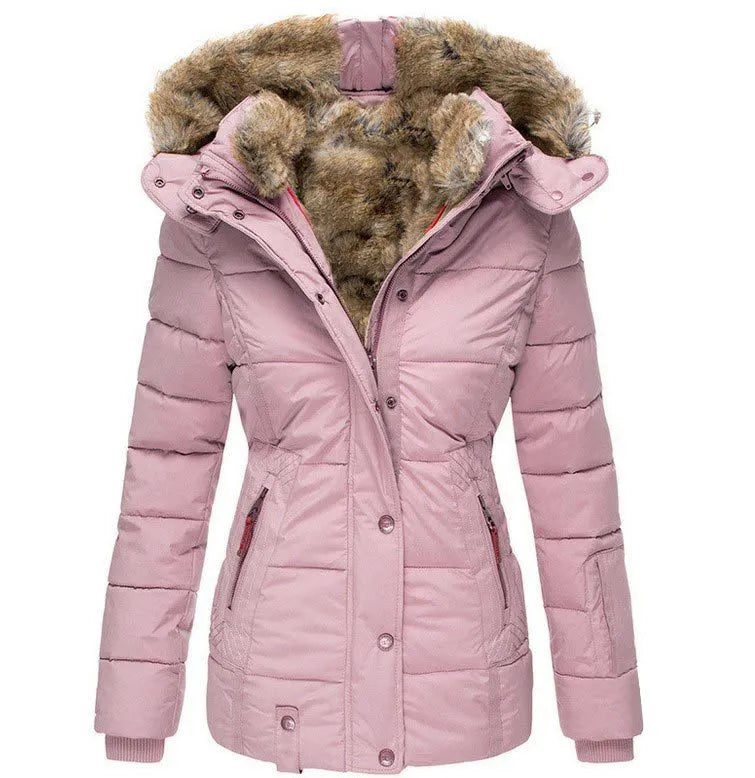 Fitted Hooded Puffer Jacket with Fur Collar Lining