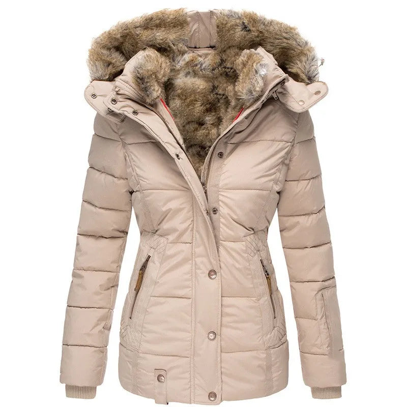 Fitted Hooded Puffer Jacket with Fur Collar Lining