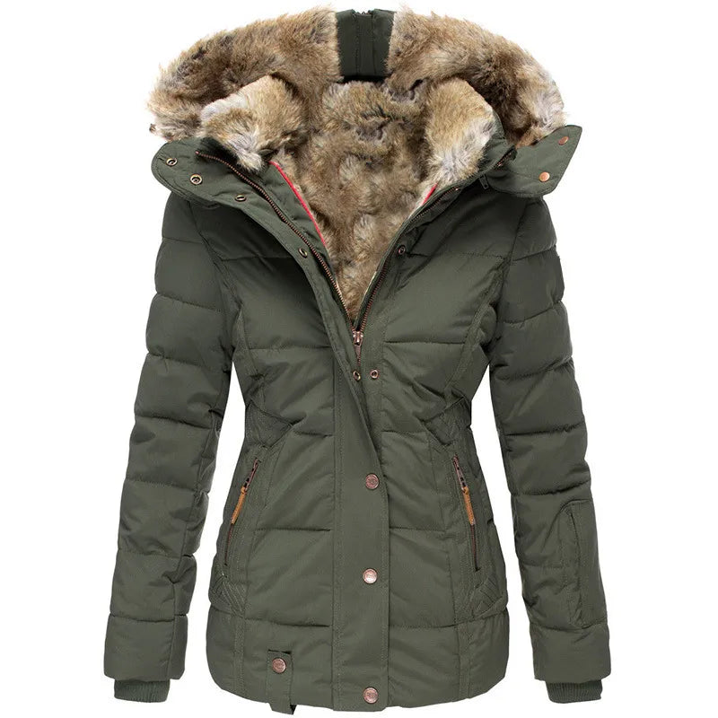 Fitted Hooded Puffer Jacket with Fur Collar Lining