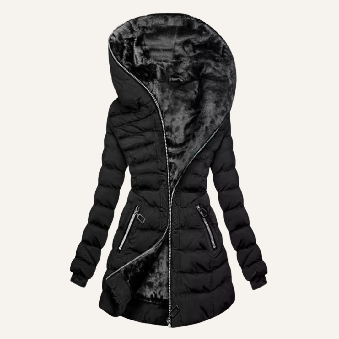 Fitted Hooded Quilted Puffer Jacket with Fleece Lining