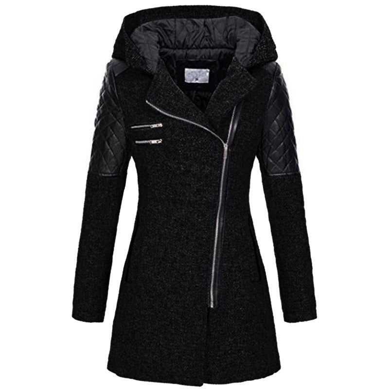 Fitted Hooded Winter Coat with Quilted Leather Shoulders