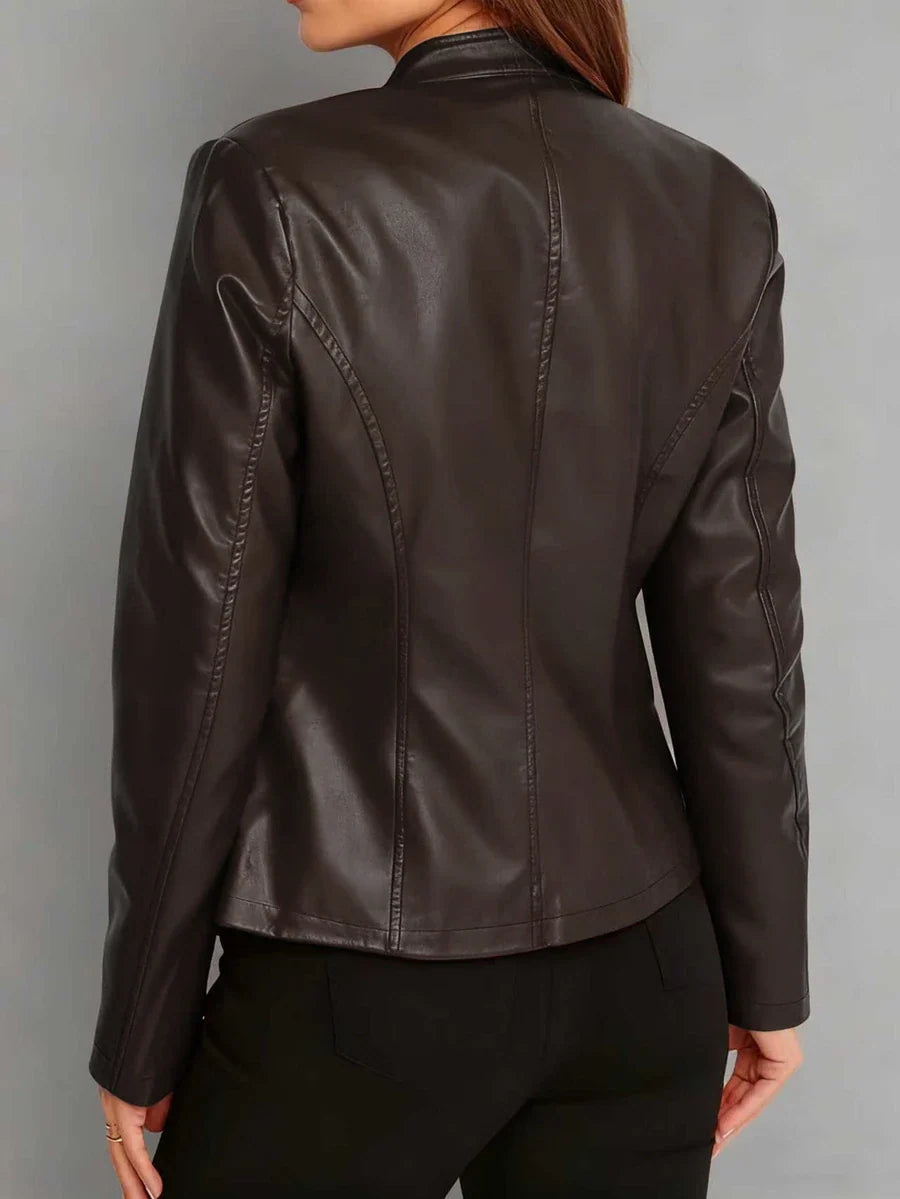 Fitted Leather Biker Jacket with Stand Collar and Panel Seams