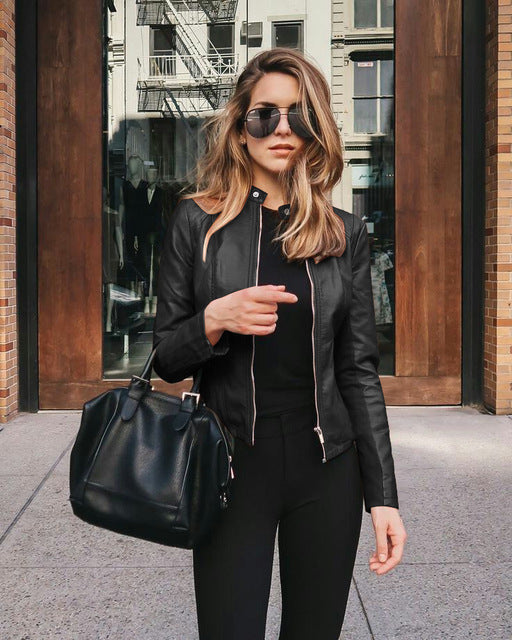Fitted Leather Jacket with Zip Front and Collarless Neck
