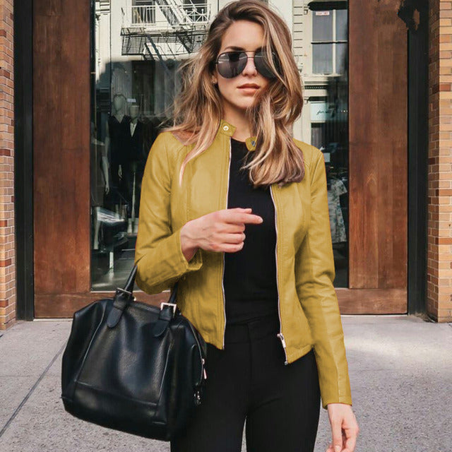 Fitted Leather Jacket with Zip Front and Collarless Neck