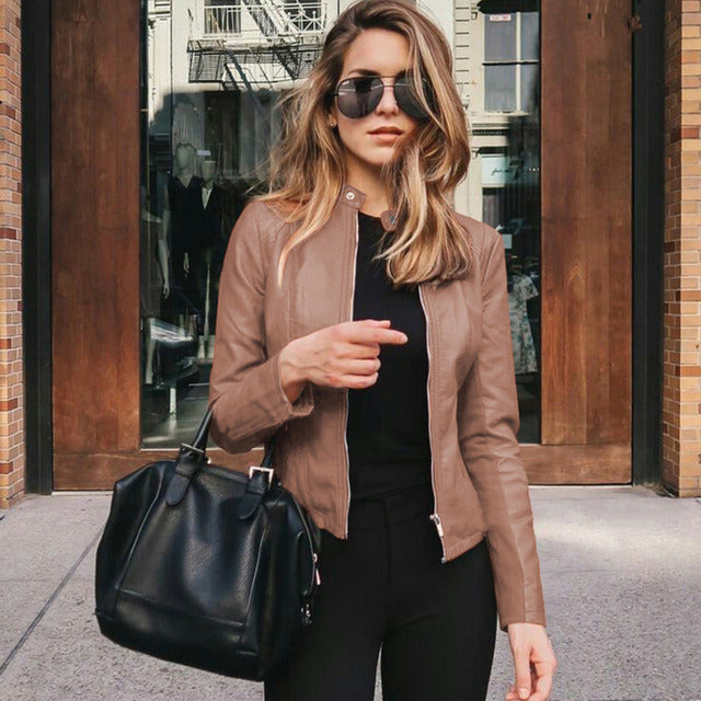 Fitted Leather Jacket with Zip Front and Collarless Neck