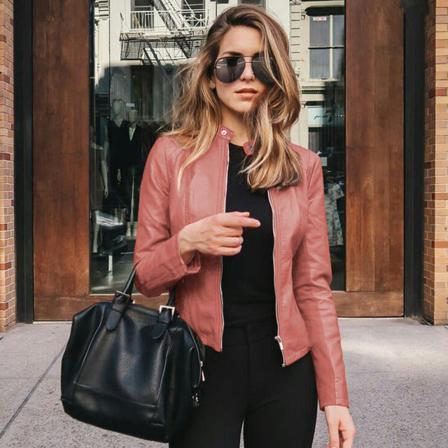 Fitted Leather Jacket with Zip Front and Collarless Neck
