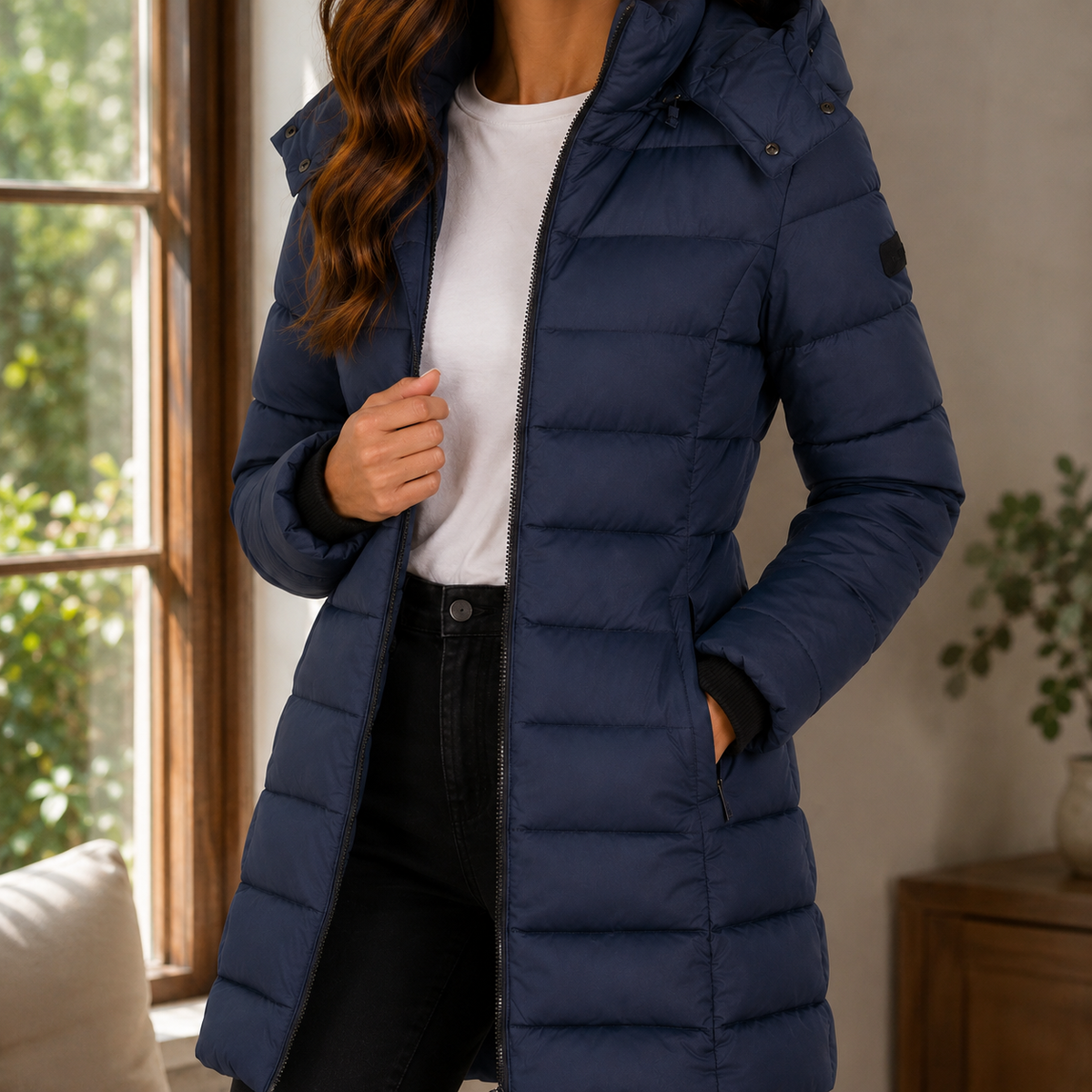 Fitted Long Hooded Puffer Jacket with Ribbed Cuffs