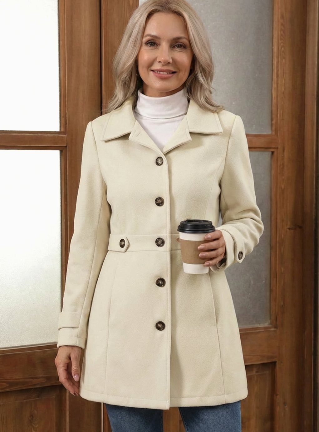 Fitted Wool Coat with Belted Waist Detail and Wide Collar
