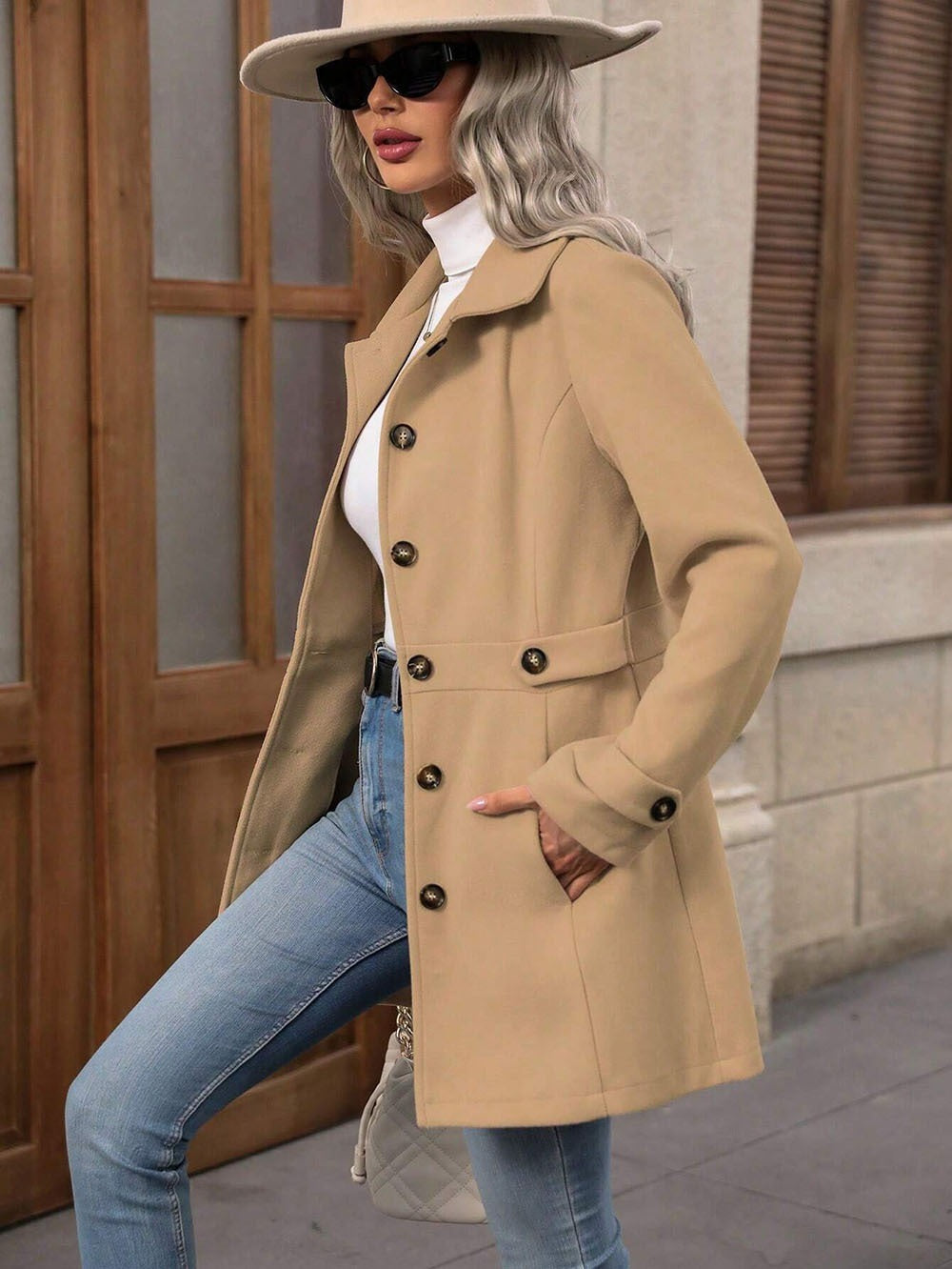 Fitted Wool Coat with Gold Buttons and Waist Detail