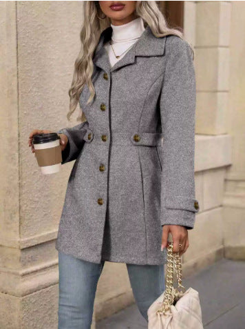 Fitted Wool Coat with Gold Buttons and Waist Detail