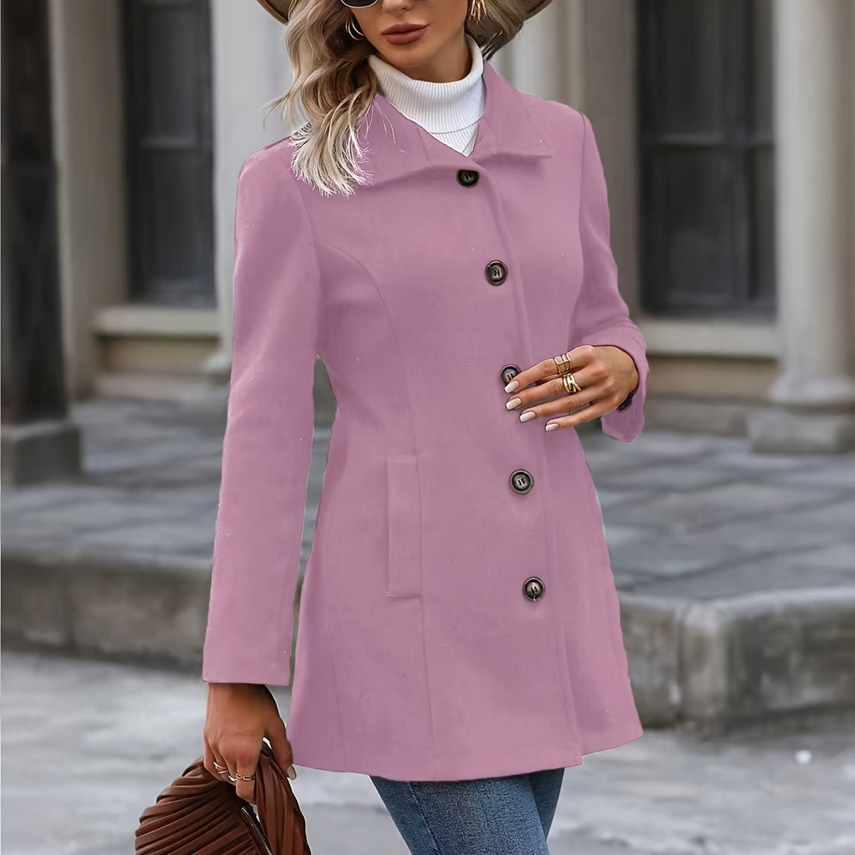 Fitted Wool Coat with Stand Collar and Flared Hem