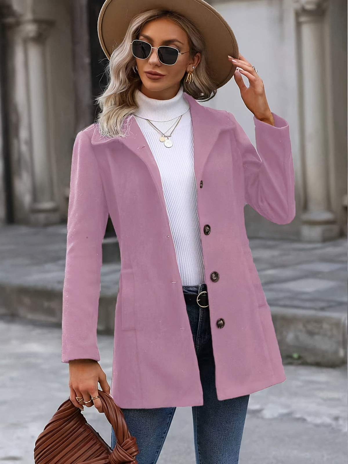 Fitted Wool Coat with Stand Collar and Flared Hem