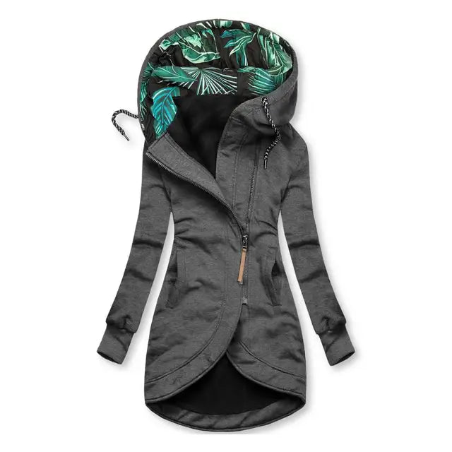 Fitted Zip-Up Hooded Jacket with Tropical Print Hood Lining