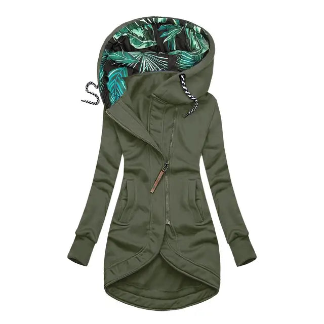 Fitted Zip-Up Hooded Jacket with Tropical Print Hood Lining