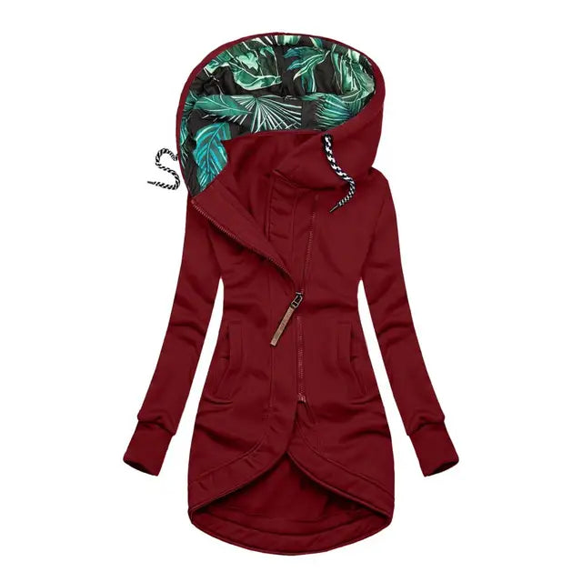 Fitted Zip-Up Hooded Jacket with Tropical Print Hood Lining