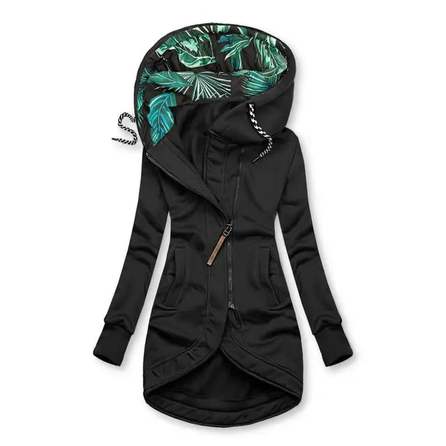 Fitted Zip-Up Hooded Jacket with Tropical Print Hood Lining