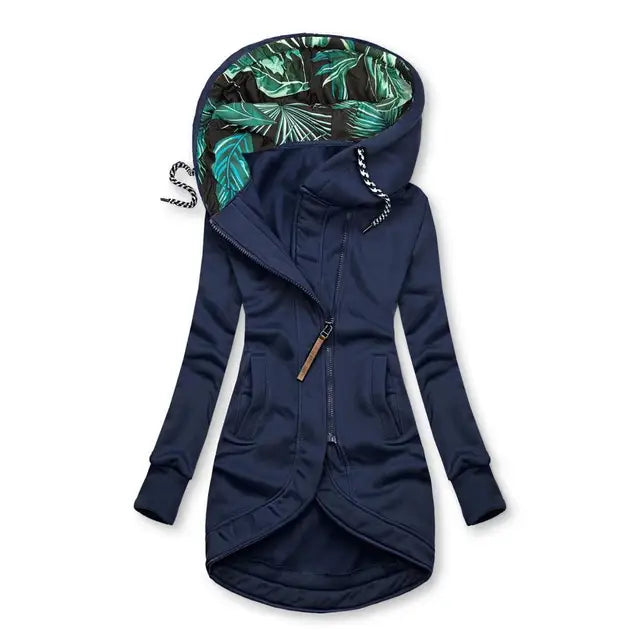 Fitted Zip-Up Hooded Jacket with Tropical Print Hood Lining