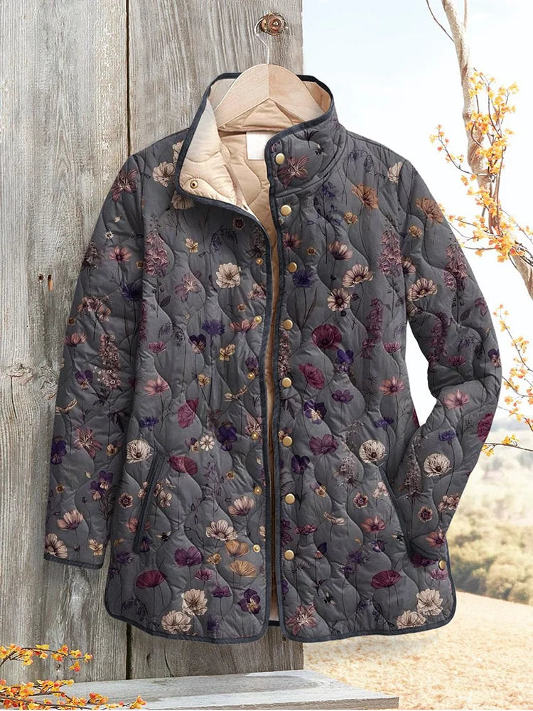 Floral Print Lightweight Quilted Jacket with Stand Collar