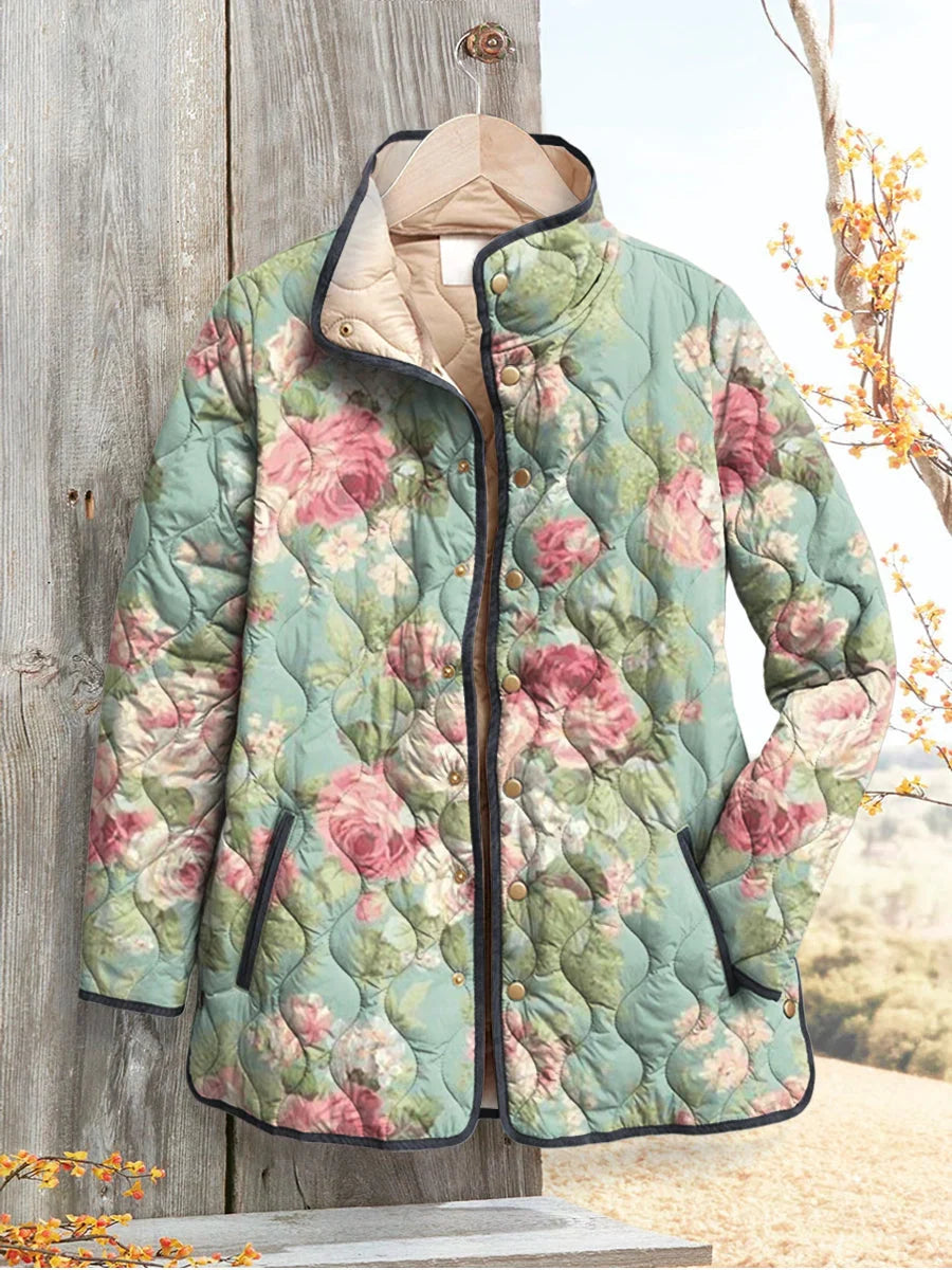 Floral Print Lightweight Quilted Jacket with Stand Collar