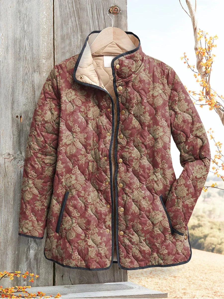 Floral Print Lightweight Quilted Jacket with Stand Collar