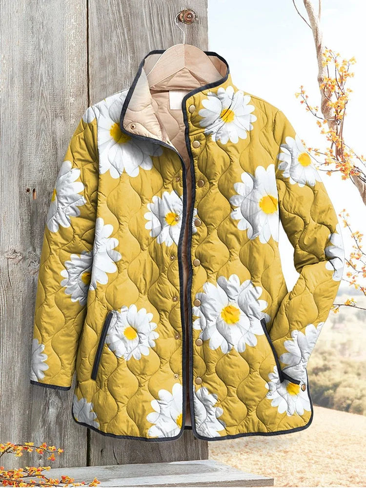 Floral Print Lightweight Quilted Jacket with Stand Collar