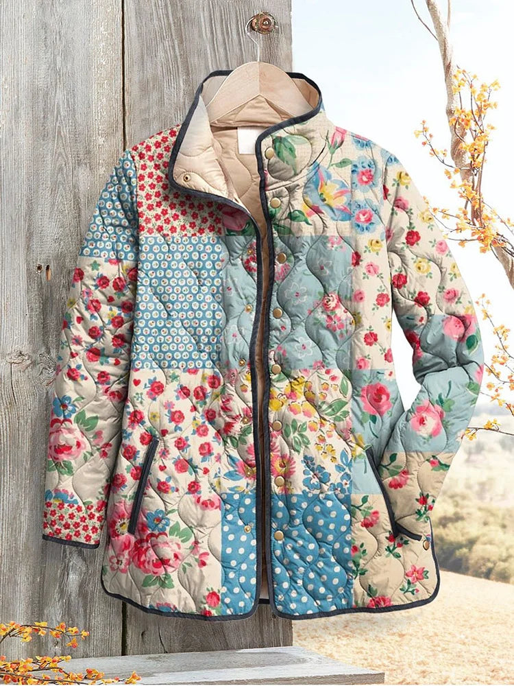 Floral Print Lightweight Quilted Jacket with Stand Collar