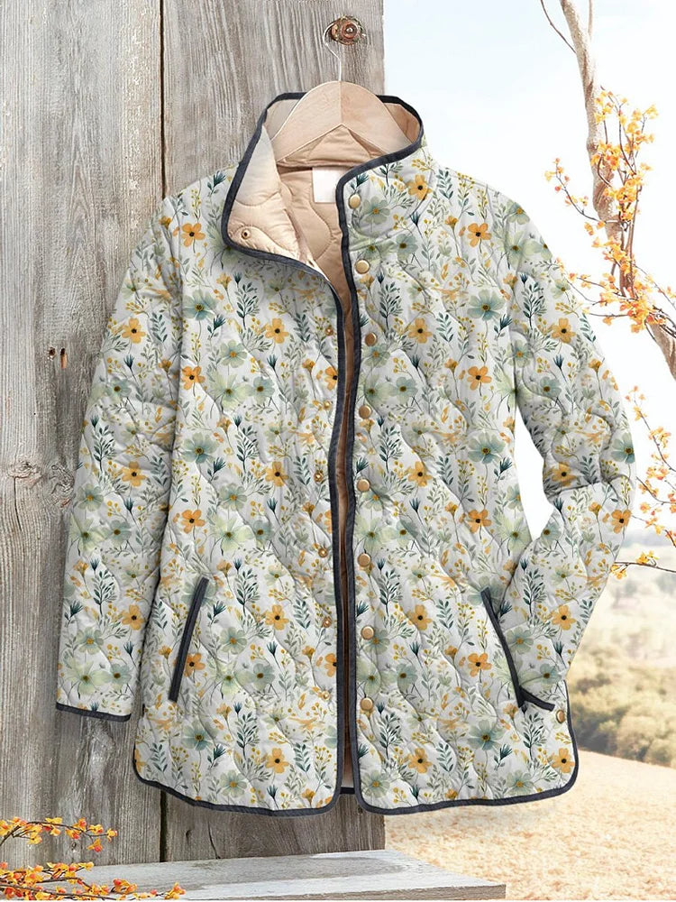 Floral Print Lightweight Quilted Jacket with Stand Collar