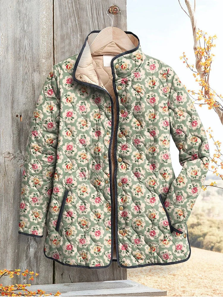 Floral Print Lightweight Quilted Jacket with Stand Collar