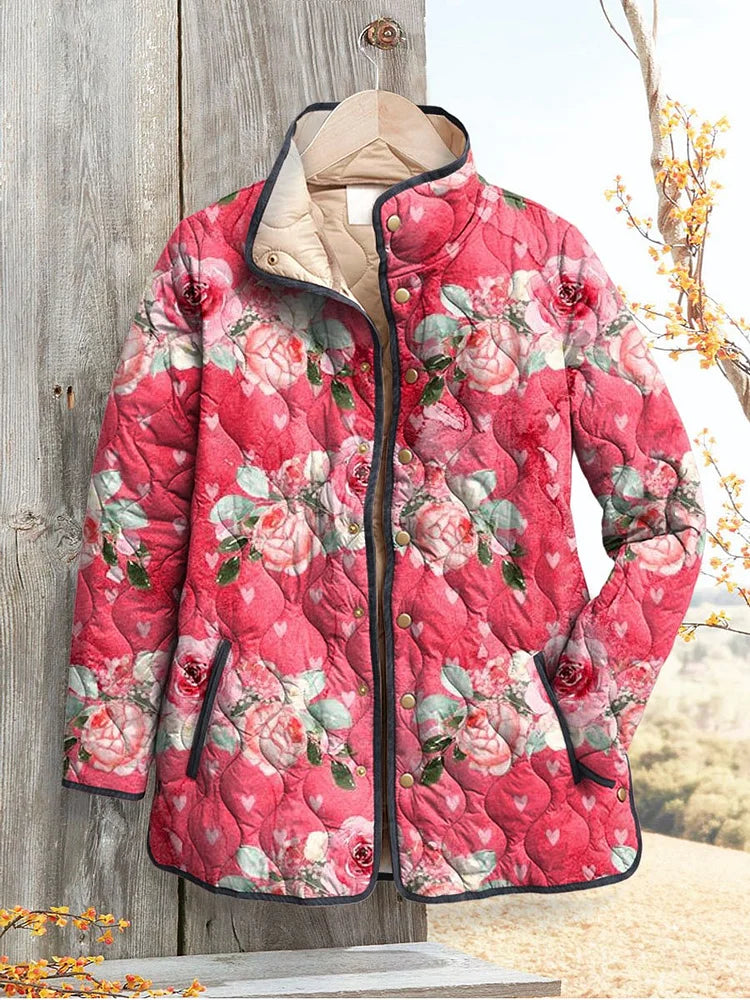 Floral Print Lightweight Quilted Jacket with Stand Collar