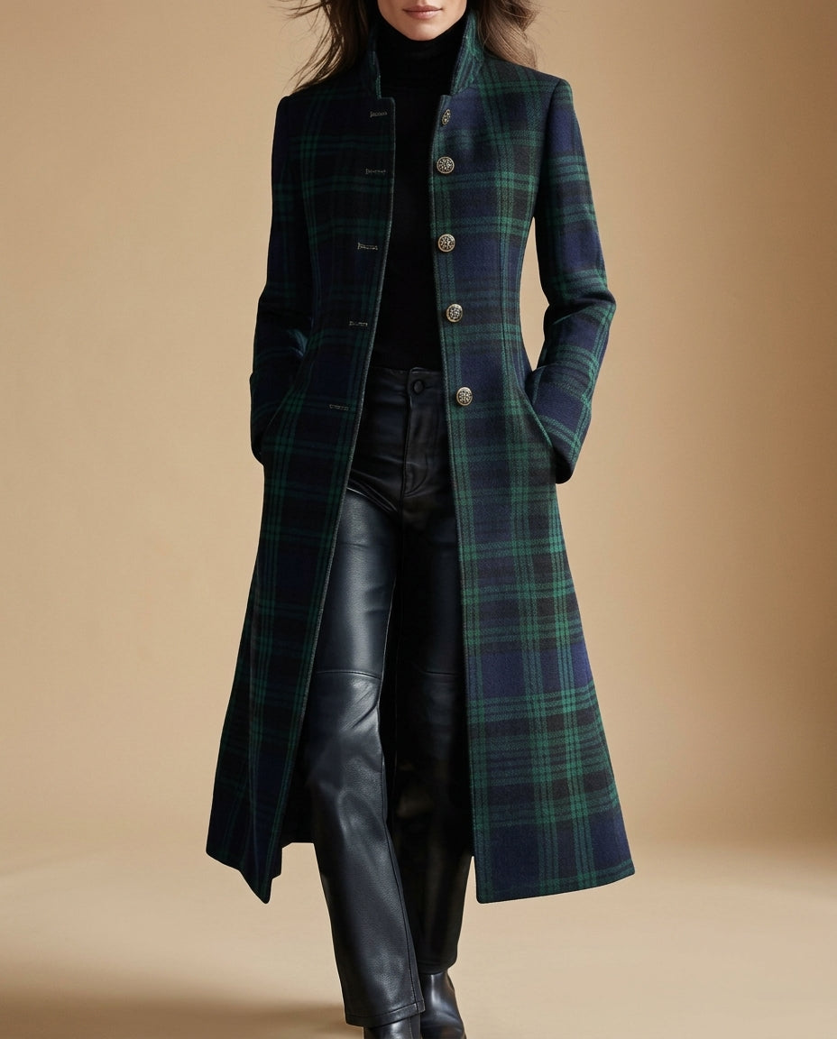 Green Plaid Wool Coat with Stand Collar and Gold Buttons