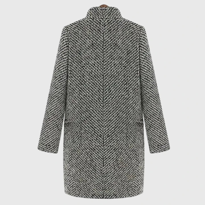 Grey Classic Houndstooth Wool Coat with Printed Lining