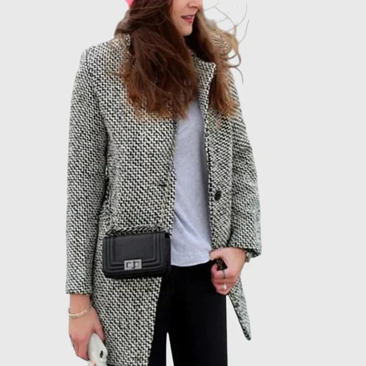 Grey Classic Houndstooth Wool Coat with Printed Lining