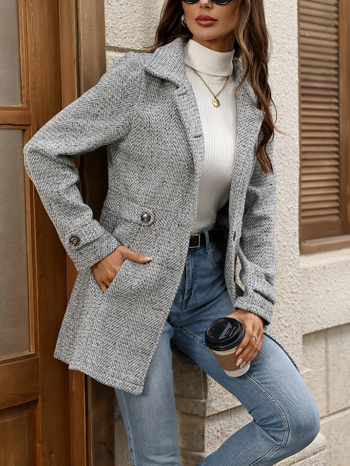 Grey Herringbone Wool Coat with Cinched Waist