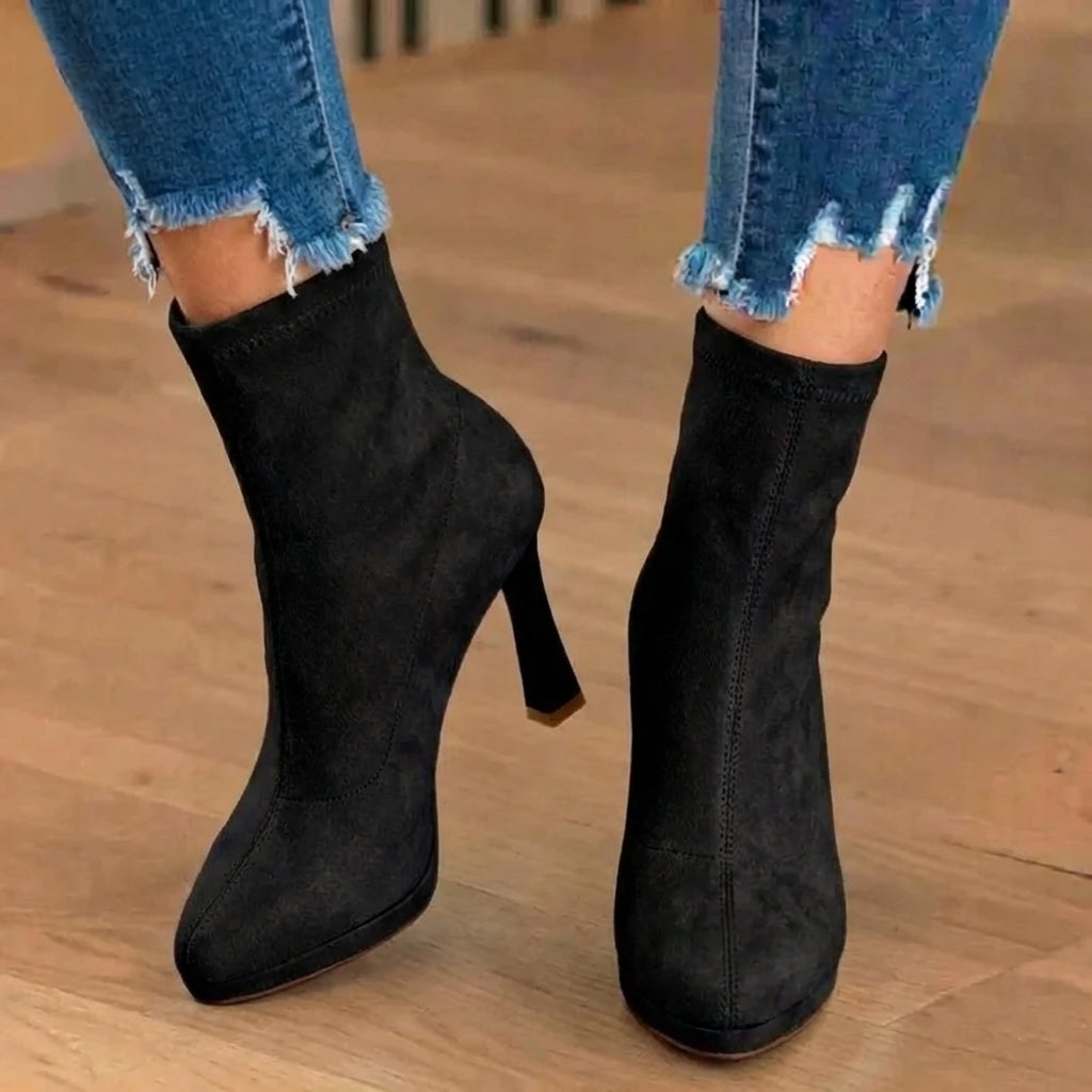 Heeled Suede Ankle Boots with Wide Toe Box and Block Heel